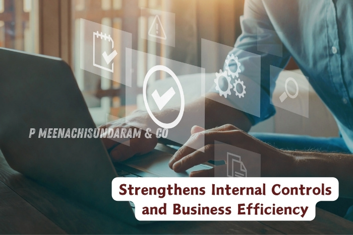 P Meenachisundaram & Co in Coimbatore helps to Business professional working on a laptop with internal control and efficiency icons on screen